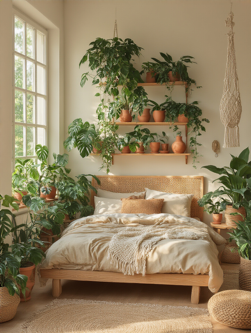 Boho bedroom filled with varied lush greenery plants in warm natural light