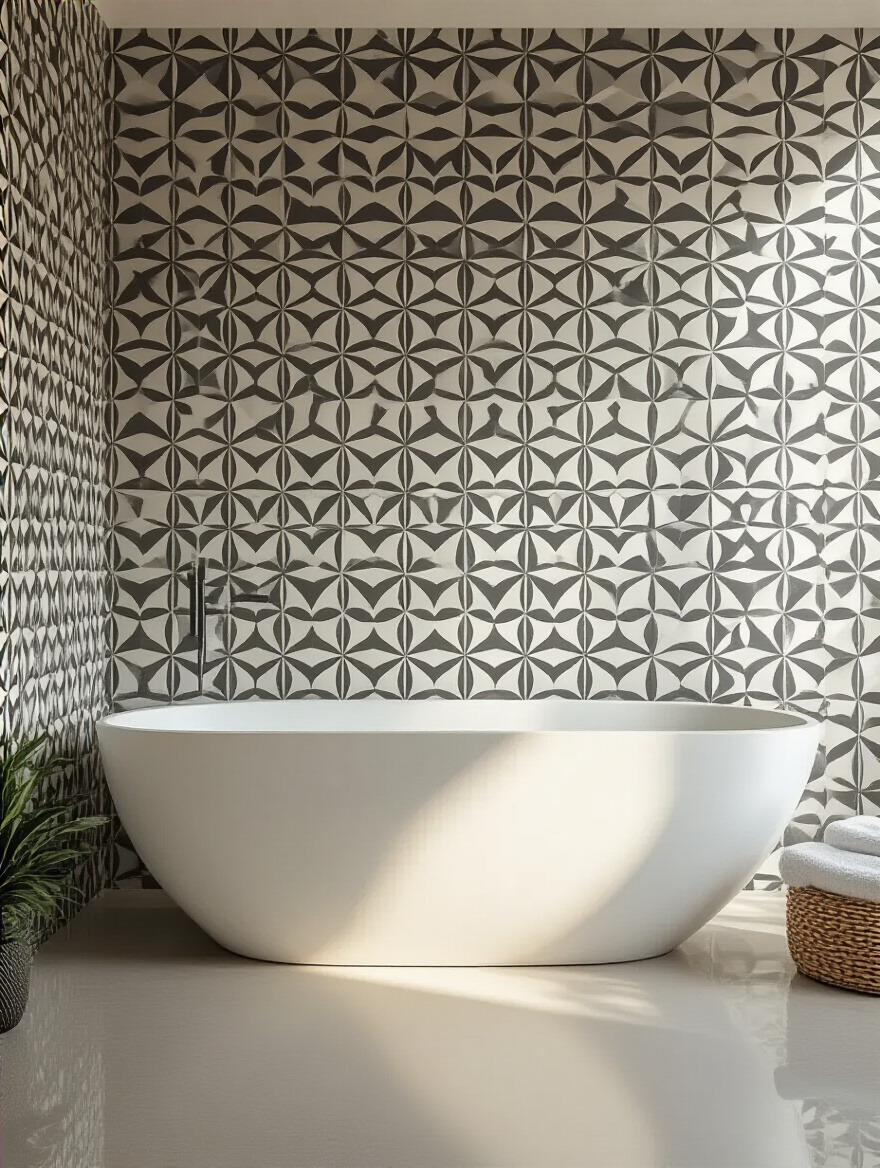 Modern bathroom wall with perfectly aligned patterned wallpaper showing seamless professional finish