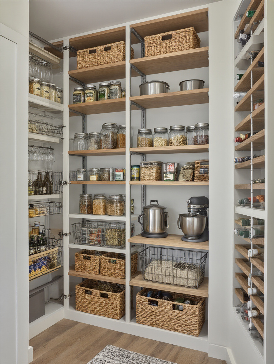 Portrait photo of a modern pantry with adjustable shelving showing varied shelf heights, pull-out baskets, and organized jars and baskets.