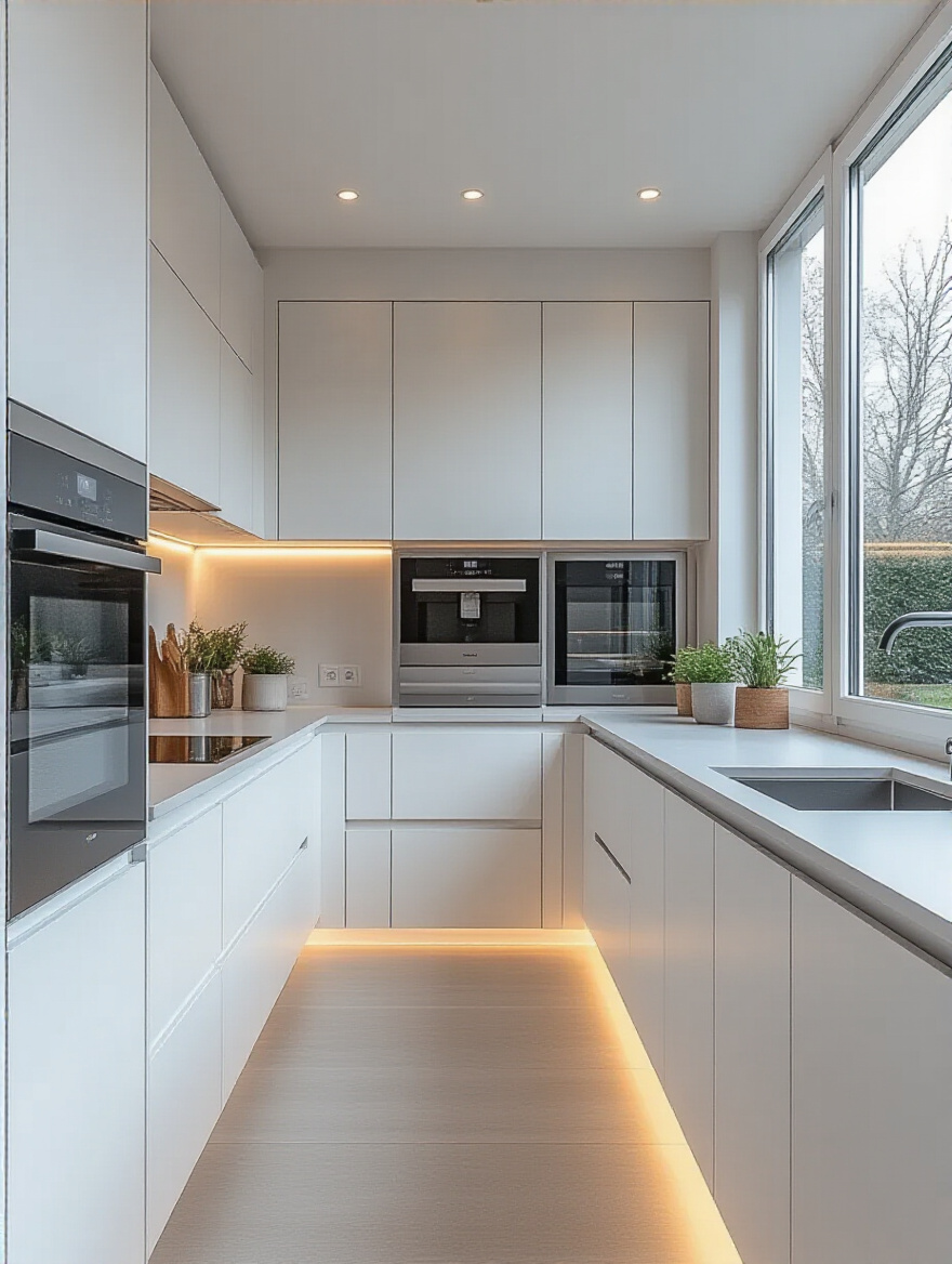 Modern kitchen with clean lines and handle-less cabinetry in matte white finish, showcasing sleek and seamless design