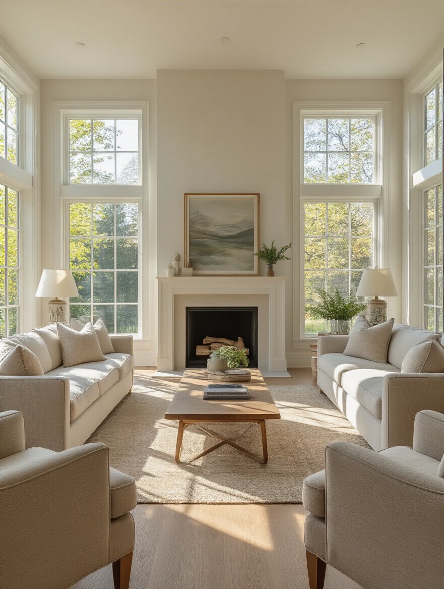 Living room layout demonstrating balanced visual weight through symmetry and asymmetry with elegant furniture and decor