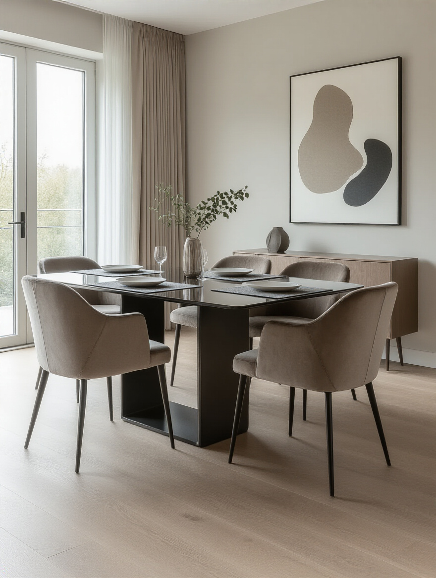 Contemporary dining room with glossy table and protected surfaces, no people