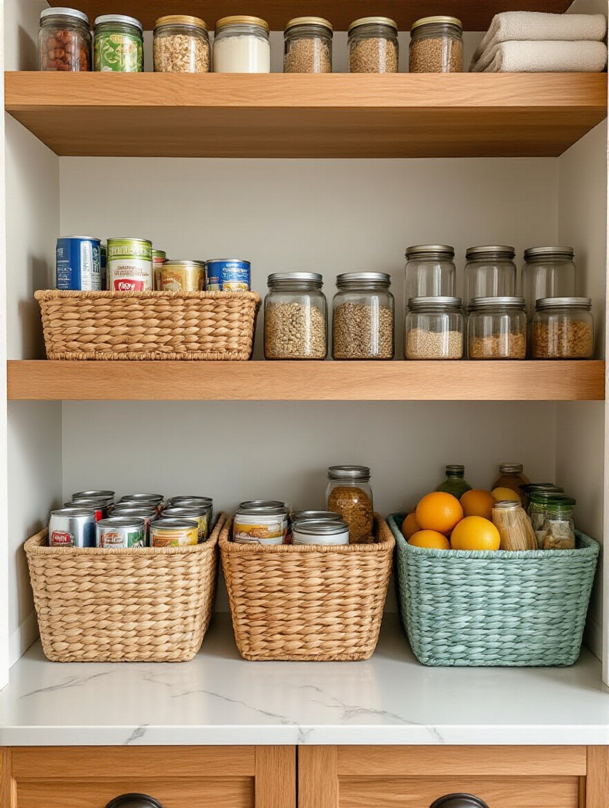Open kitchen pantry mid-purge with three baskets of discarded, donated, and kept items and visibly freed shelves