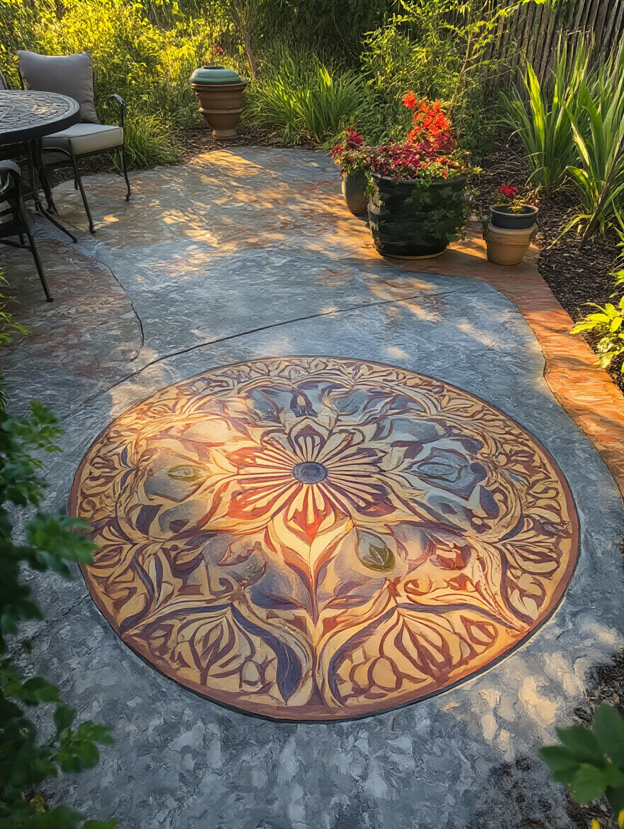 Revitalized concrete patio with vibrant DIY staining showing rich colors and patterns in a professional portrait photo
