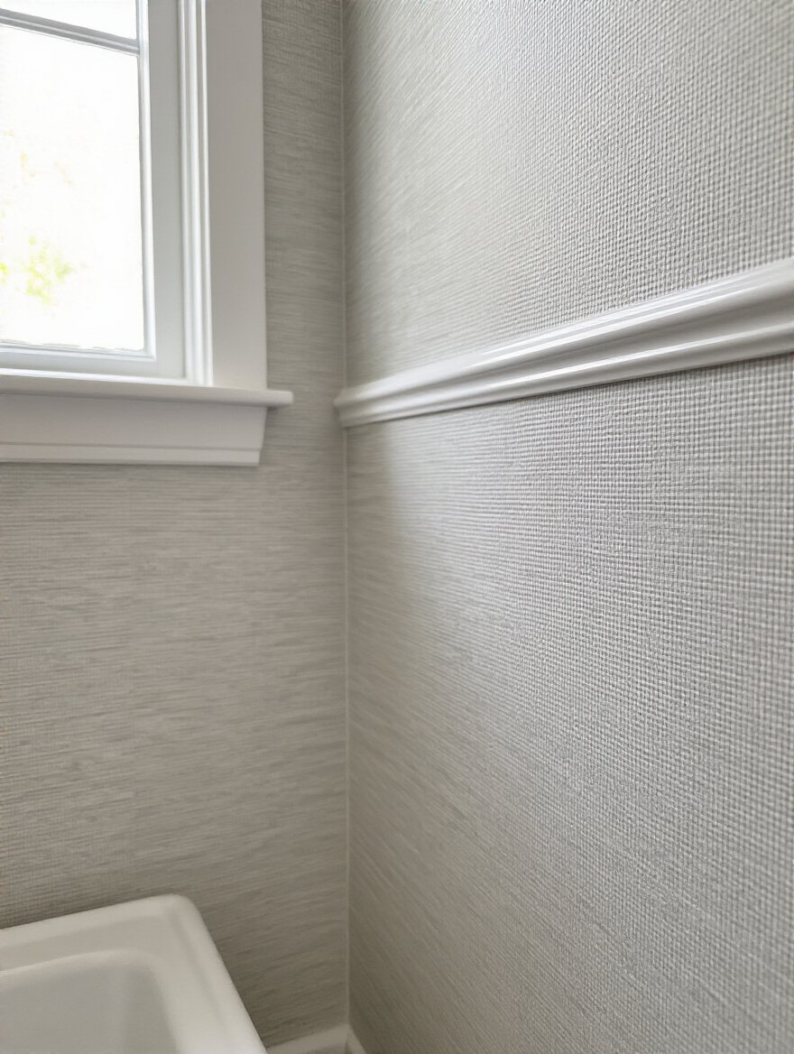 Close-up portrait-style shot of a bathroom half-wall seam with a clear sealer along the edge between wallpaper and trim.