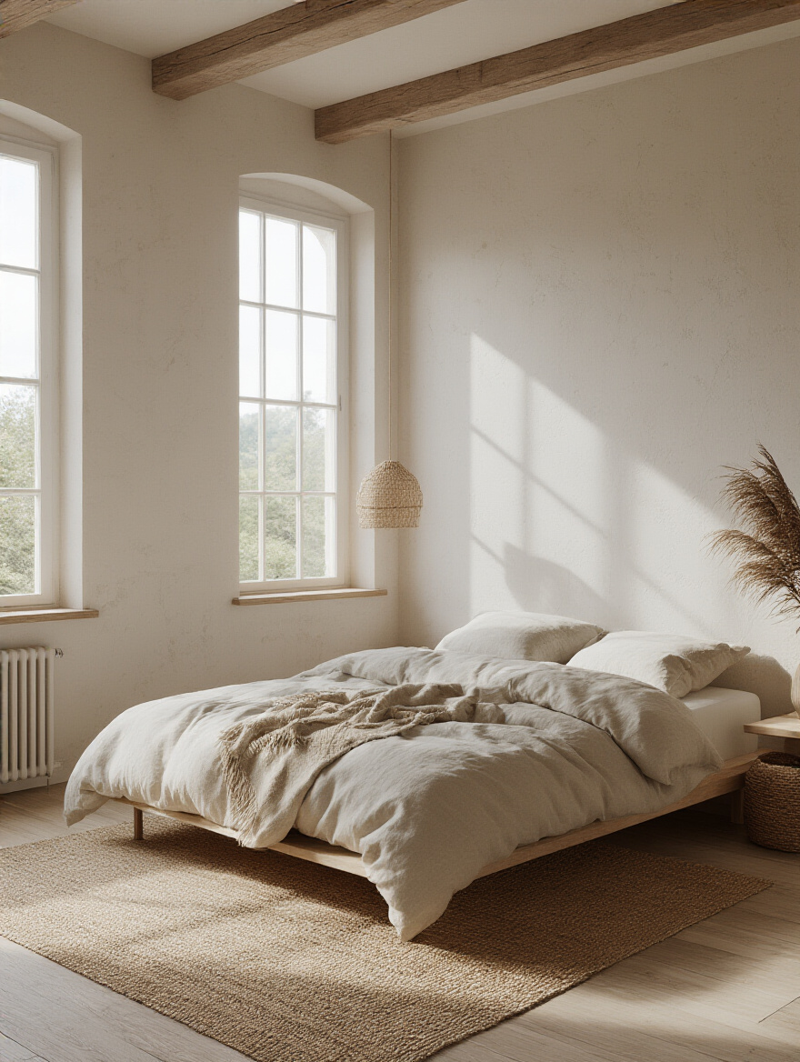 Boho bedroom with low-profile platform bed, woven textiles, natural light