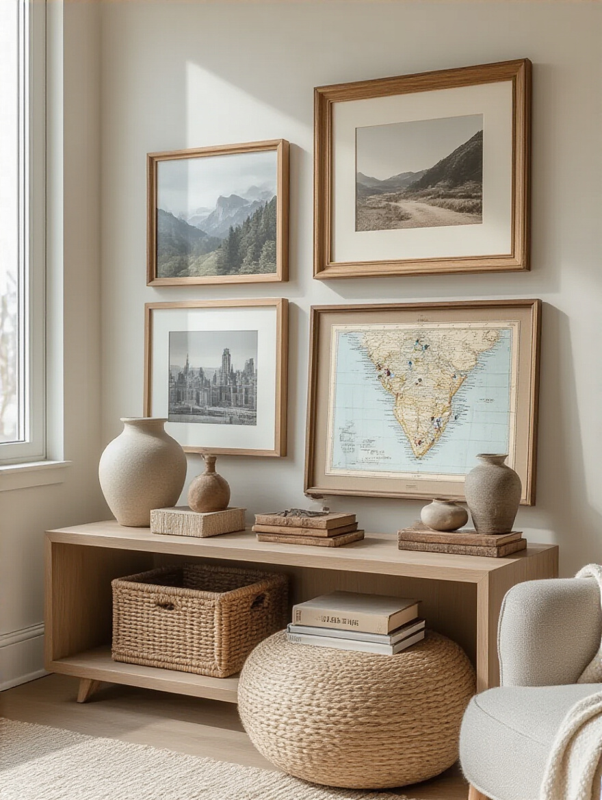 Apartment living room corner with curated meaningful decorative accents including framed photos, heirlooms, and artisan crafts displayed on shelves in warm natural lighting