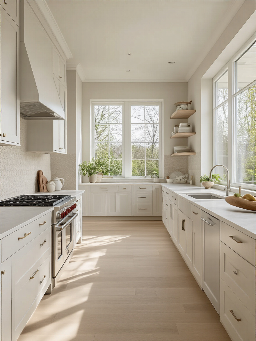 Modern kitchen with neutral color palette featuring white cabinets, grey countertops, and light wood flooring enhancing spaciousness