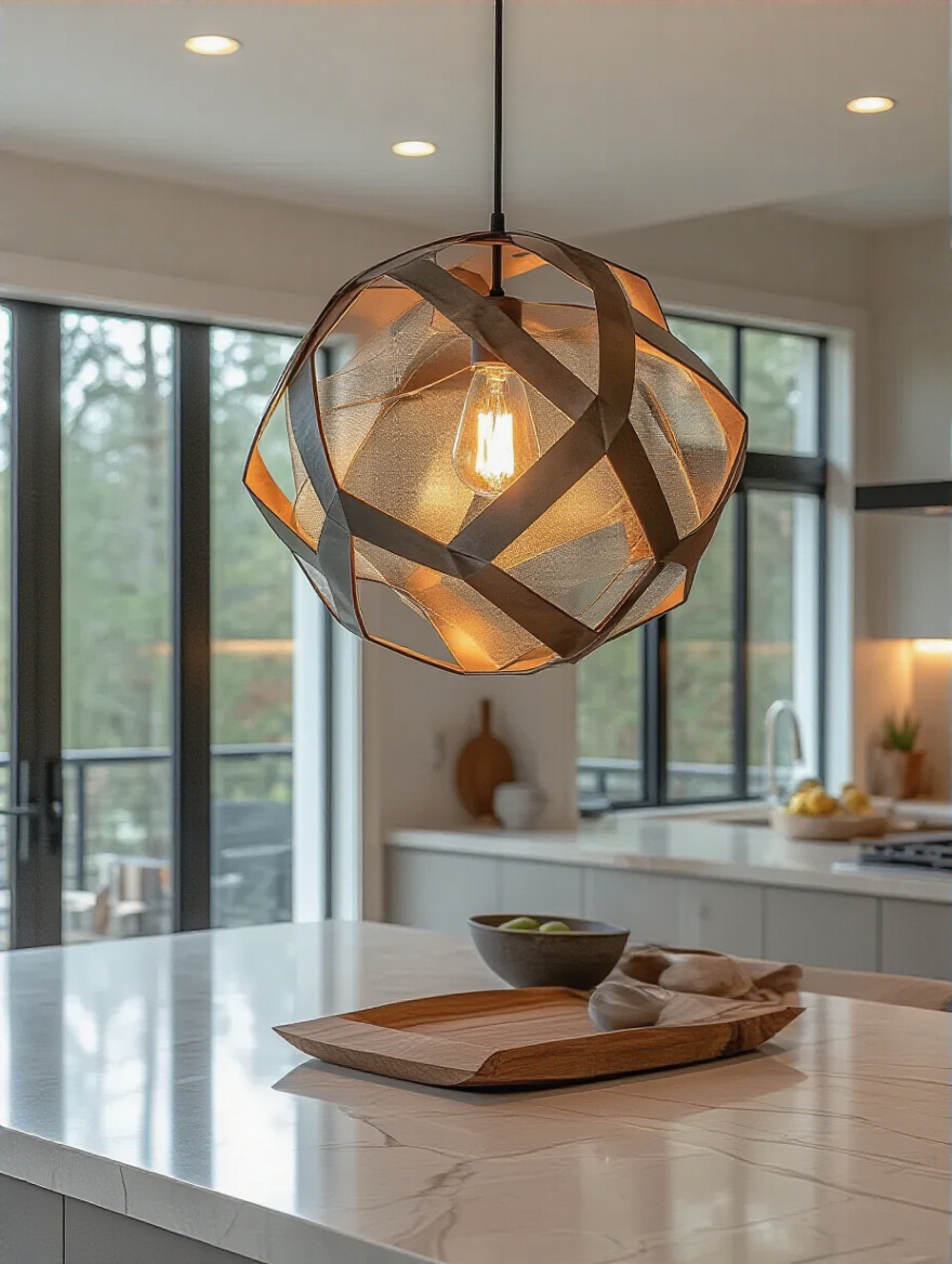 Modern kitchen featuring a sculptural pendant light as a dramatic focal point above the island, showcasing minimalist design and ambient lighting