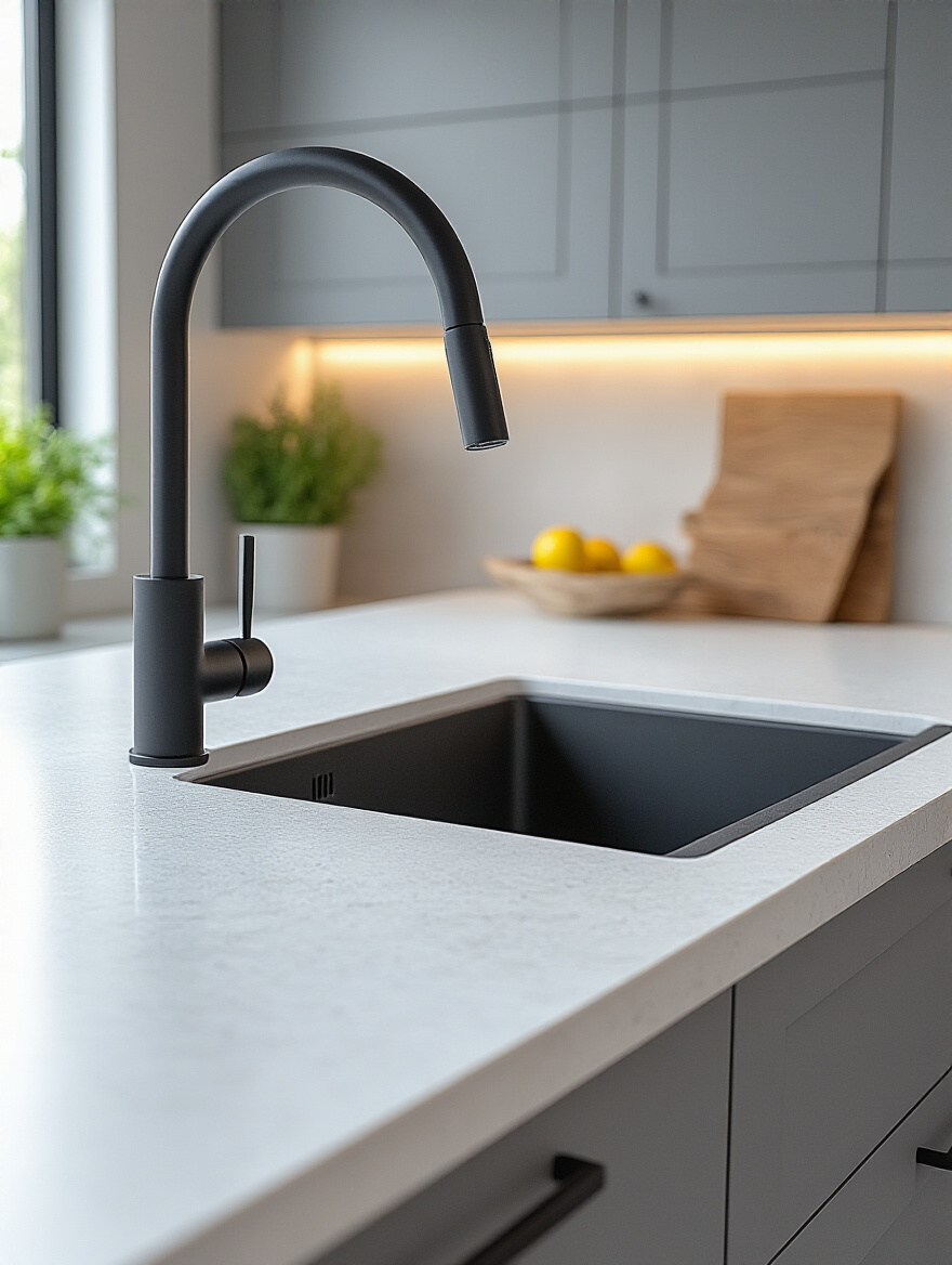 Modern kitchen sink with a matte black minimalist statement faucet, white quartz countertop, and gray handleless cabinetry