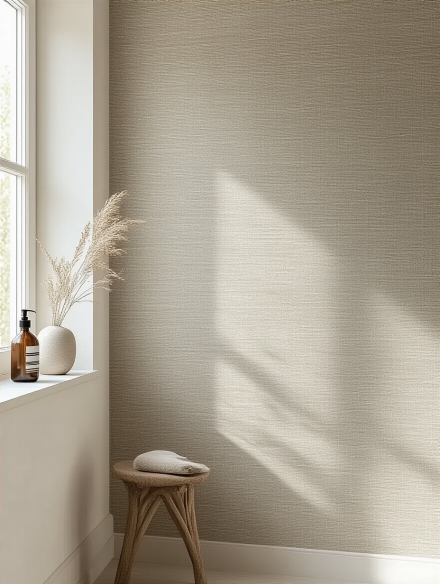 Modern minimalist bathroom wall with subtle textured wallpaper in muted greige tones, showing elegant grasscloth effect and soft natural lighting
