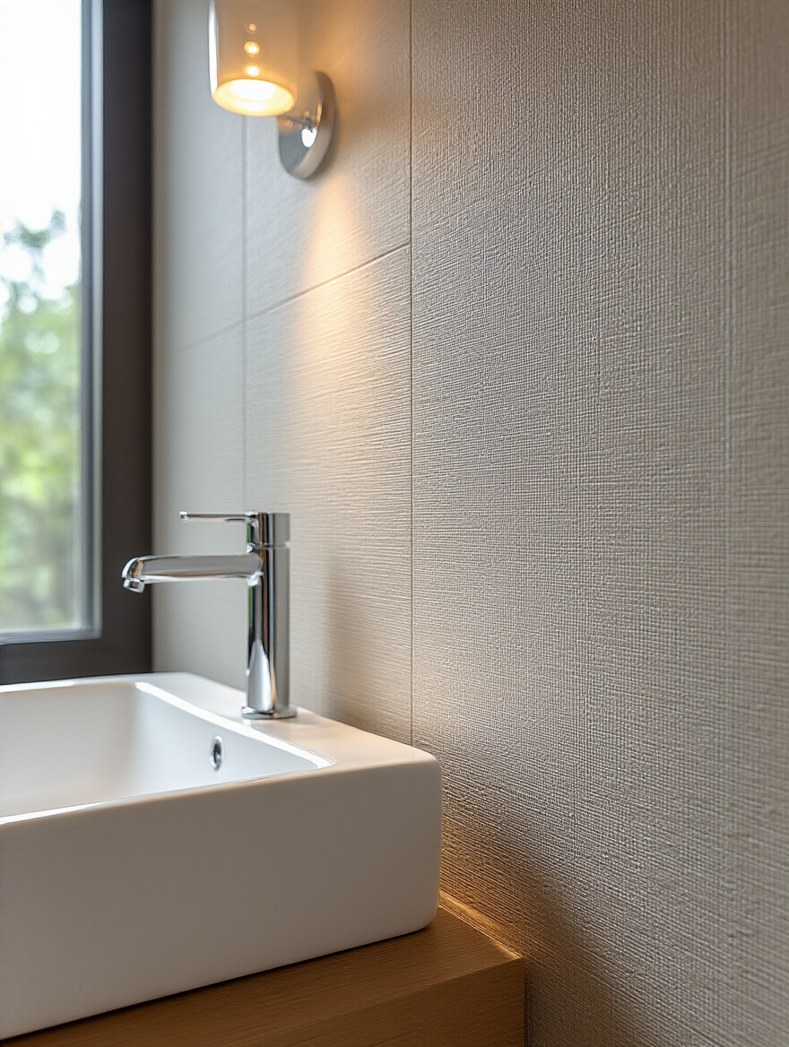 Modern bathroom wall with waterproof vinyl wallpaper near sink, showcasing moisture-resistant material suitable for high humidity