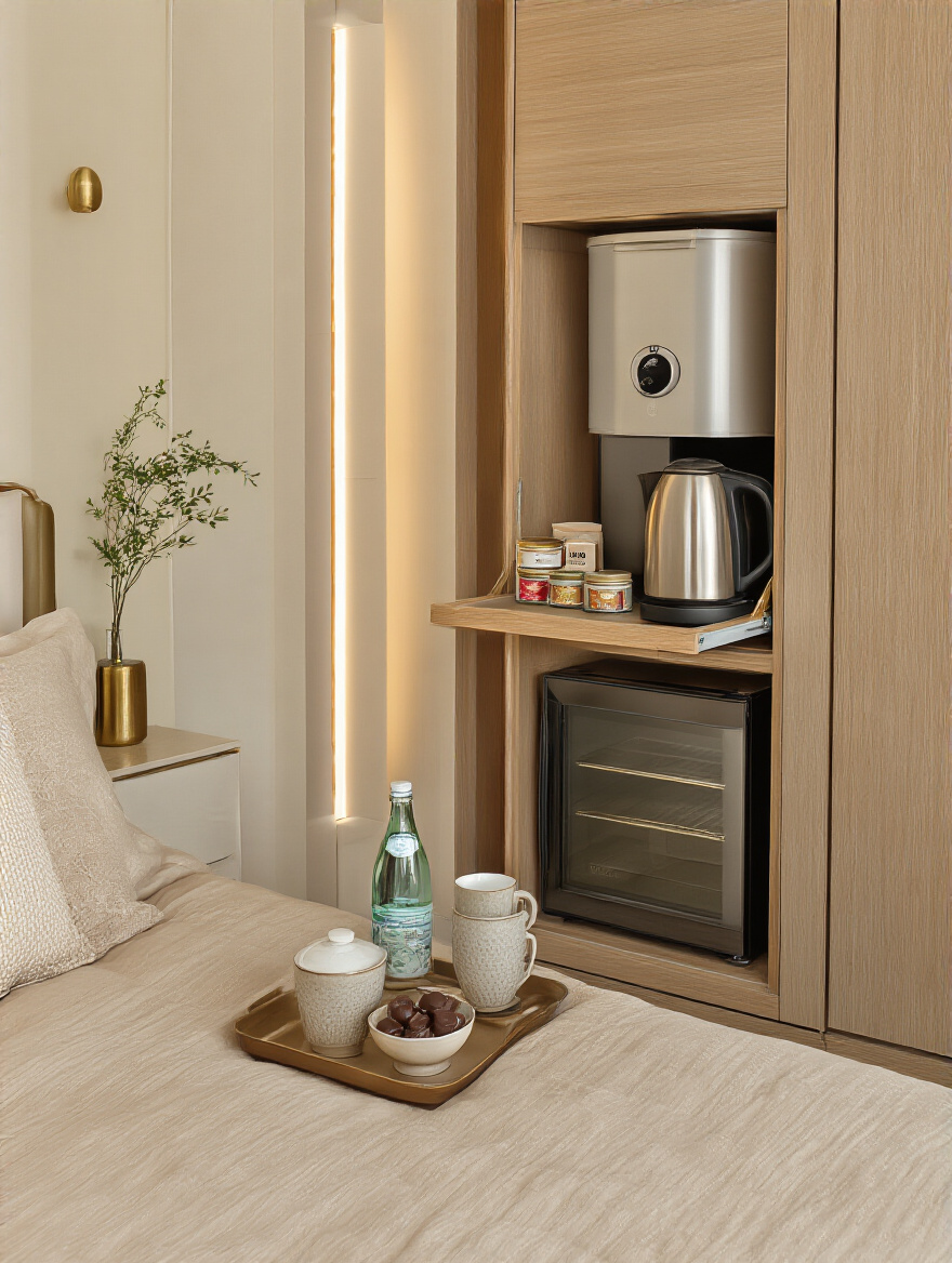 A discreet bedroom beverage station with kettle, mini-fridge, mugs, and tea tins bathed in warm ambient light
