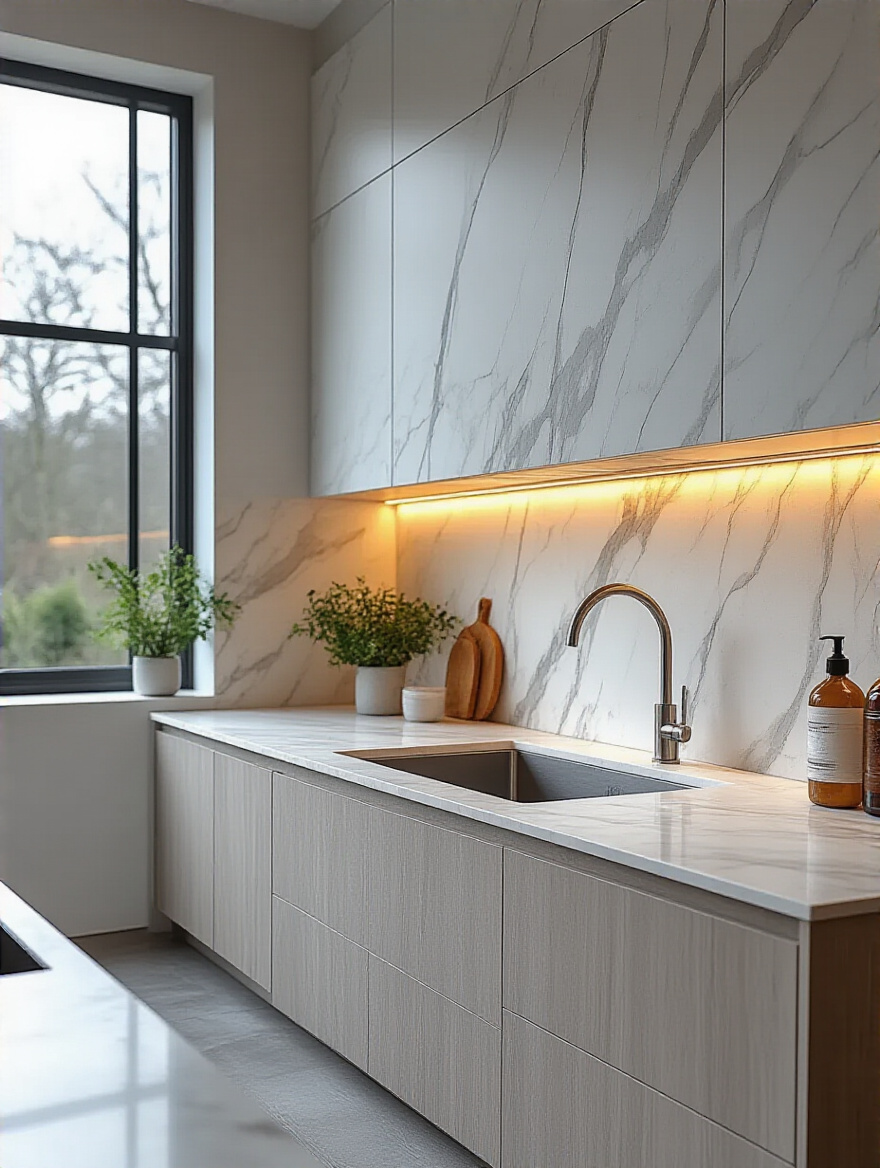 Modern kitchen with a seamless slab backsplash extending from countertop to ceiling, featuring white marble and quartz materials