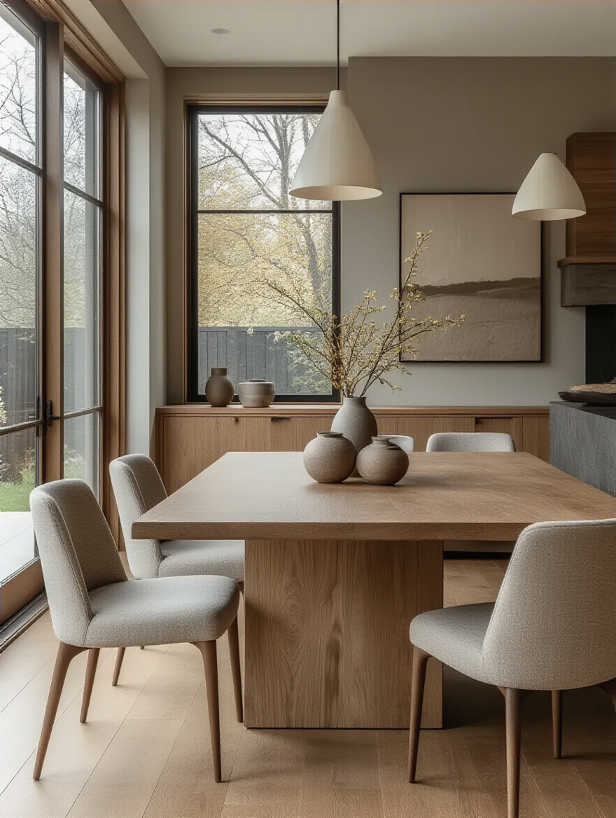 Vertical portrait of a contemporary dining room with a solid oak table, minimalist chairs, and warm lighting, illustrating budget-conscious design.