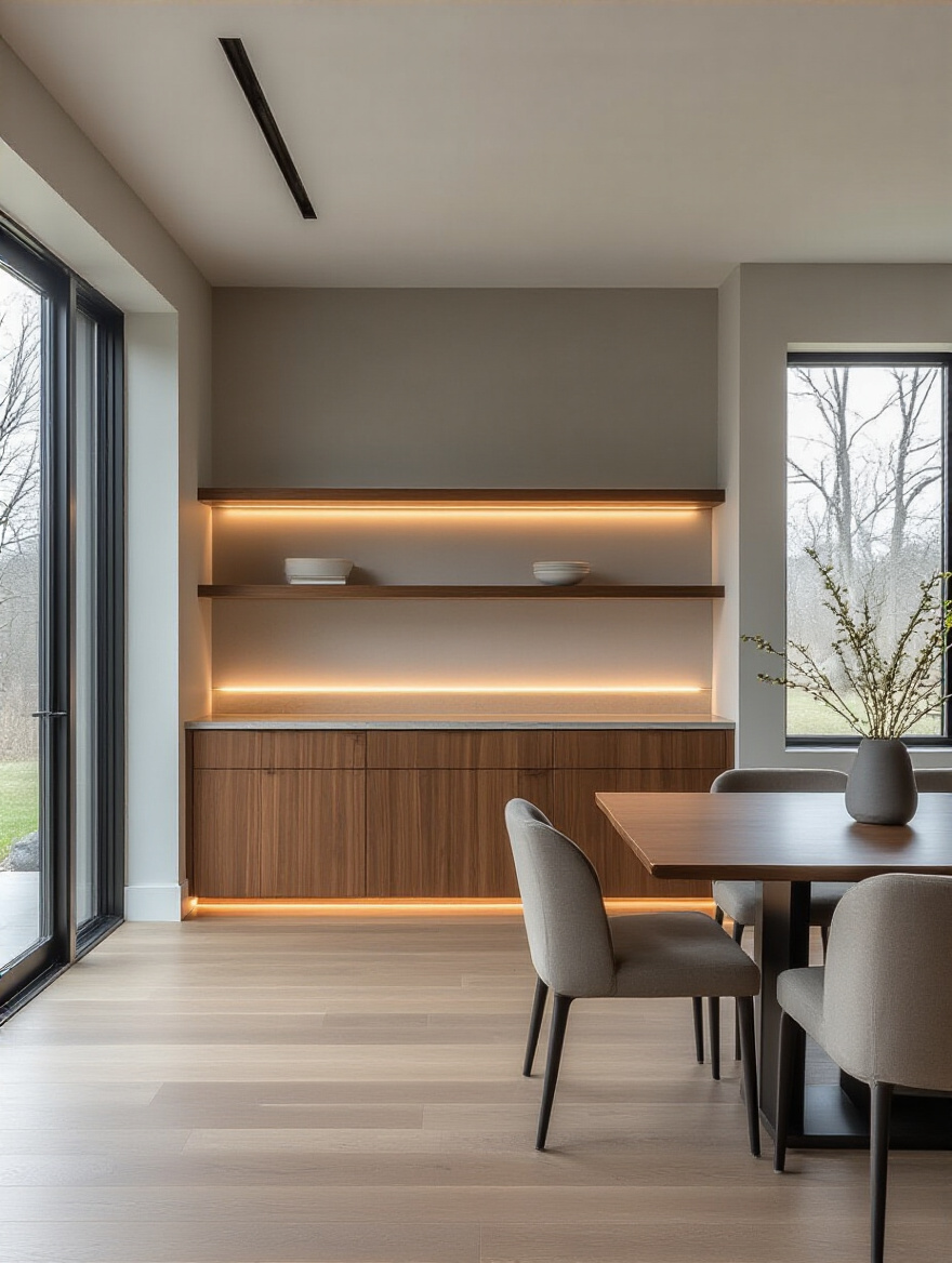 Vertical photo of a contemporary dining room highlighting a low-profile credenza with seamless storage.