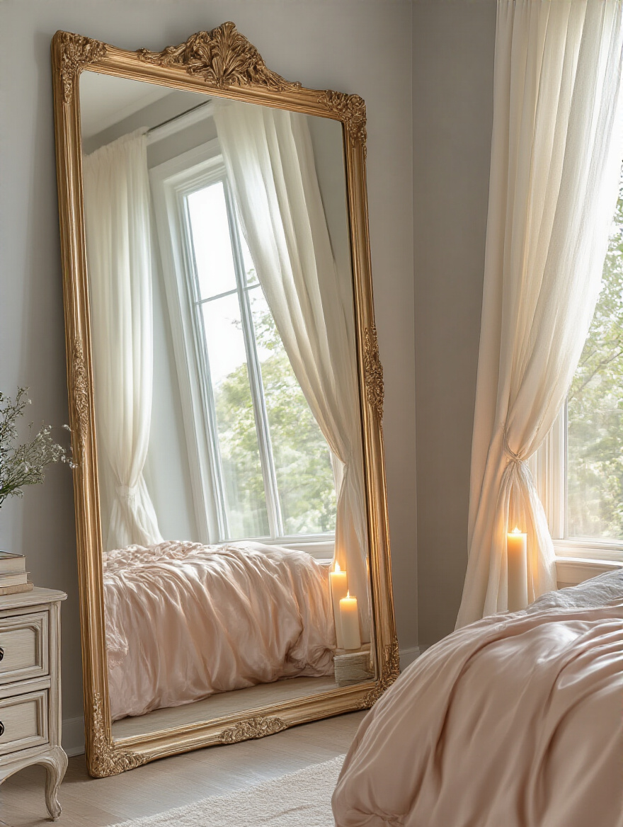 Romantic bedroom with a large ornate mirror reflecting a sunlit window