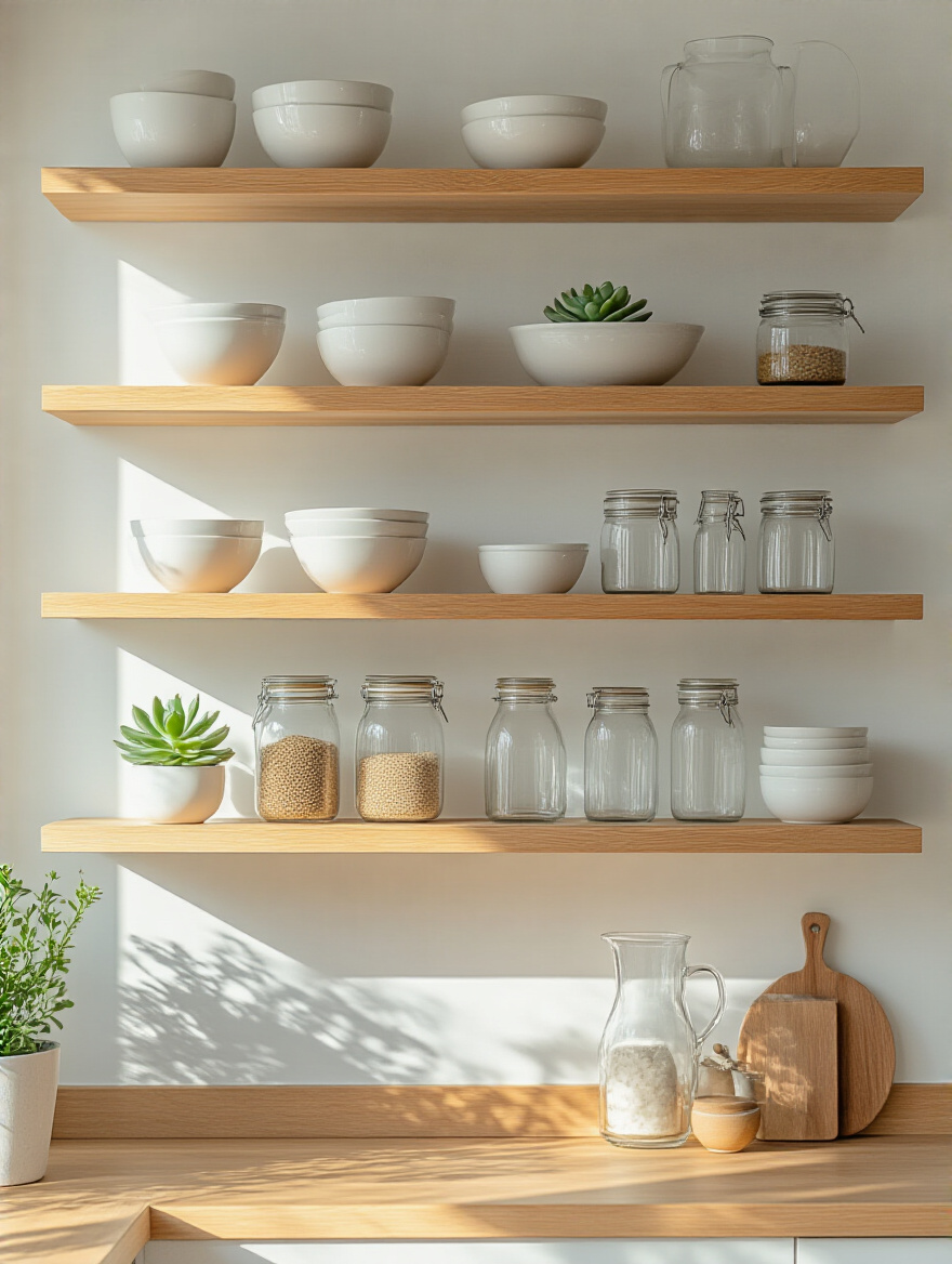 Modern kitchen with minimalist open shelving styled with curated decor including white ceramics and glass jars