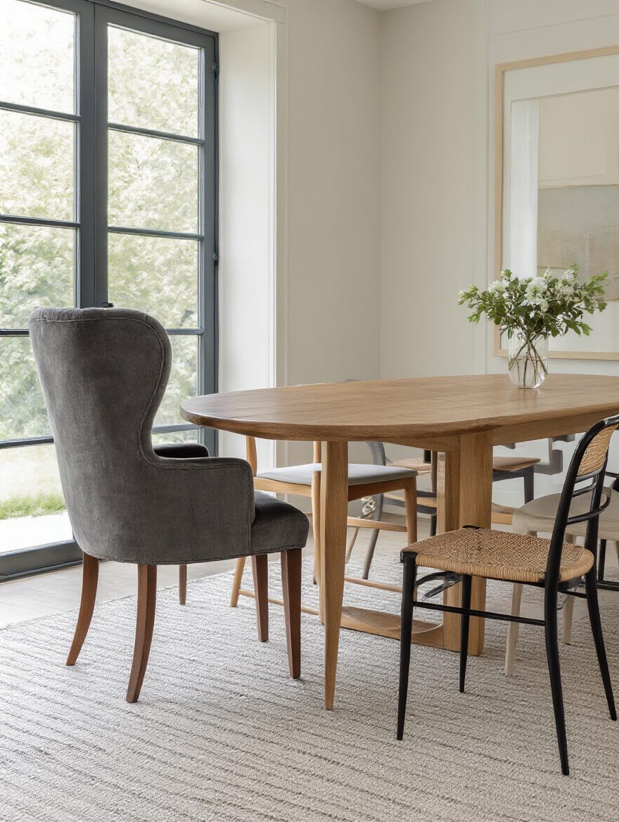 Portrait view of a contemporary dining room with mixed chairs around a wooden table, warm lighting, no people