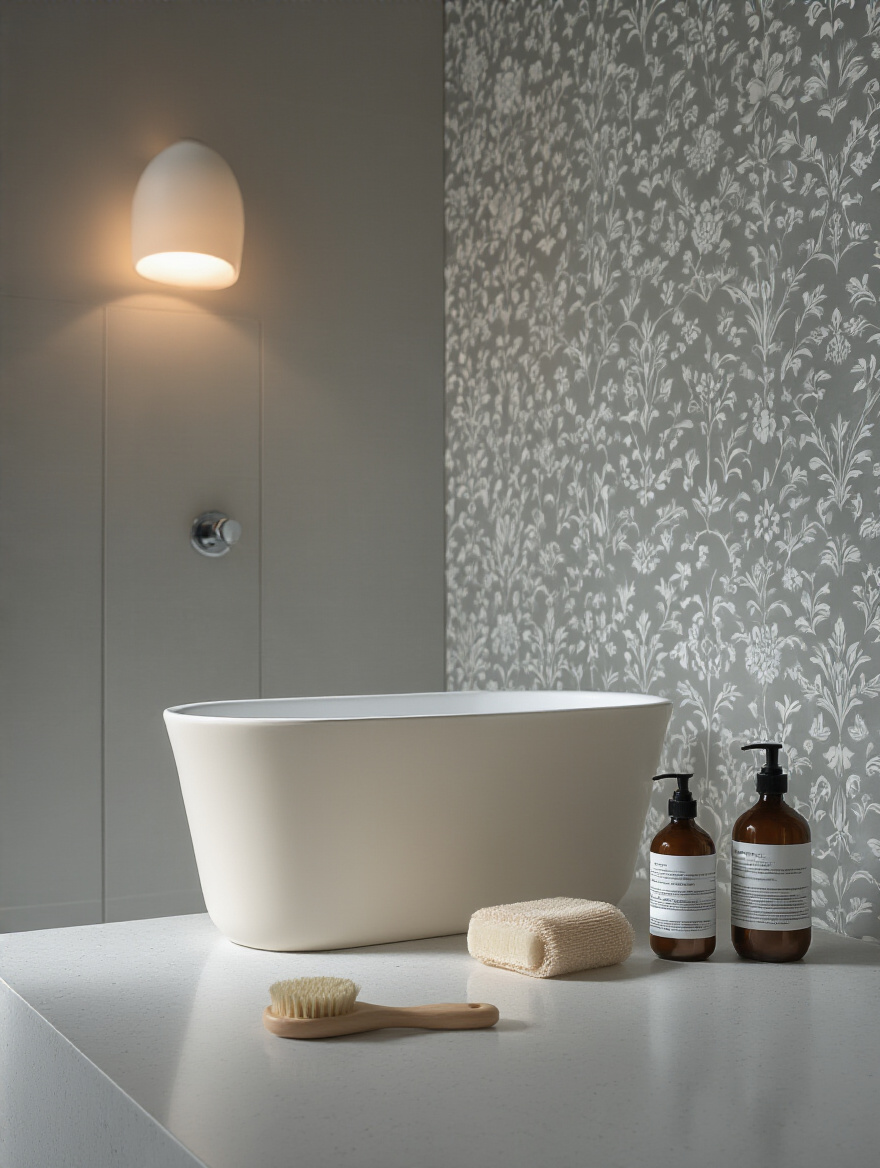 Portrait of a bathroom wallpaper half-wall setup with an unlabeled adhesive container and installation tools on a clean counter
