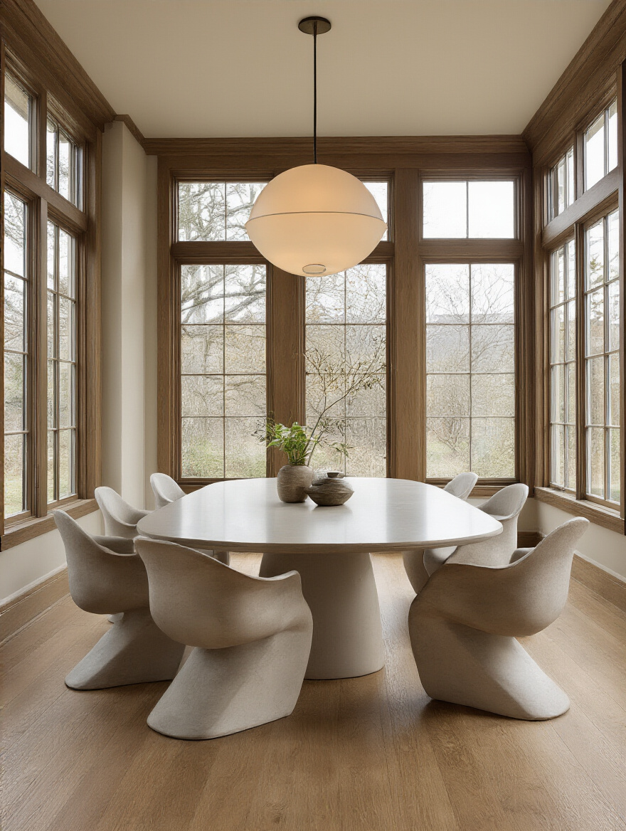 Vertical view of a contemporary dining room with an oval table and open circulation space.