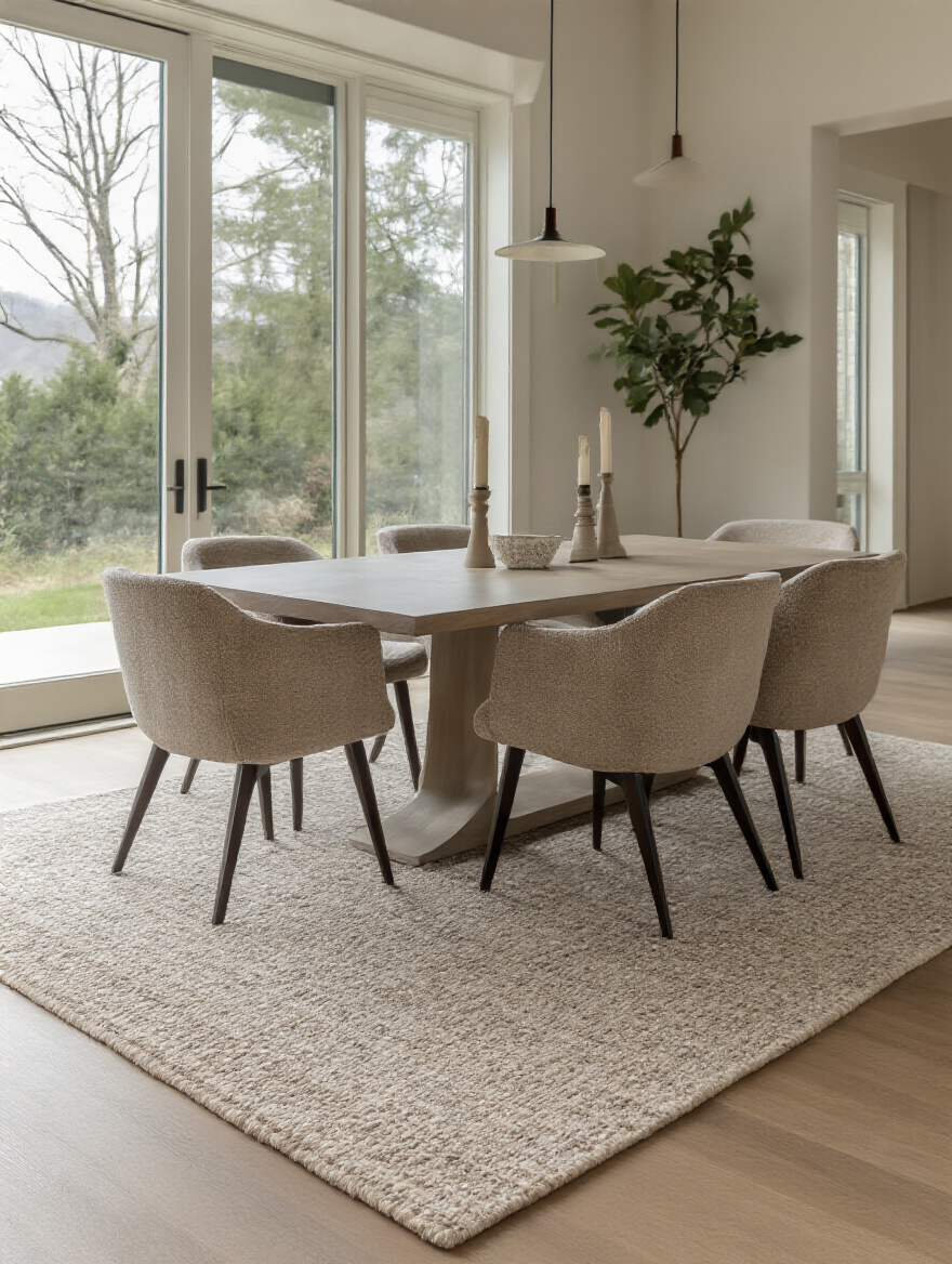 Contemporary dining room anchored by an area rug defining zones.