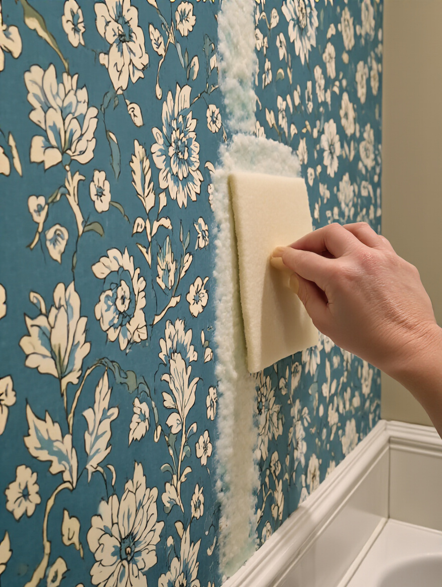 Portrait view of a bathroom half-wall being smoothed to achieve a bubble-free wallpaper finish with a smoothing tool
