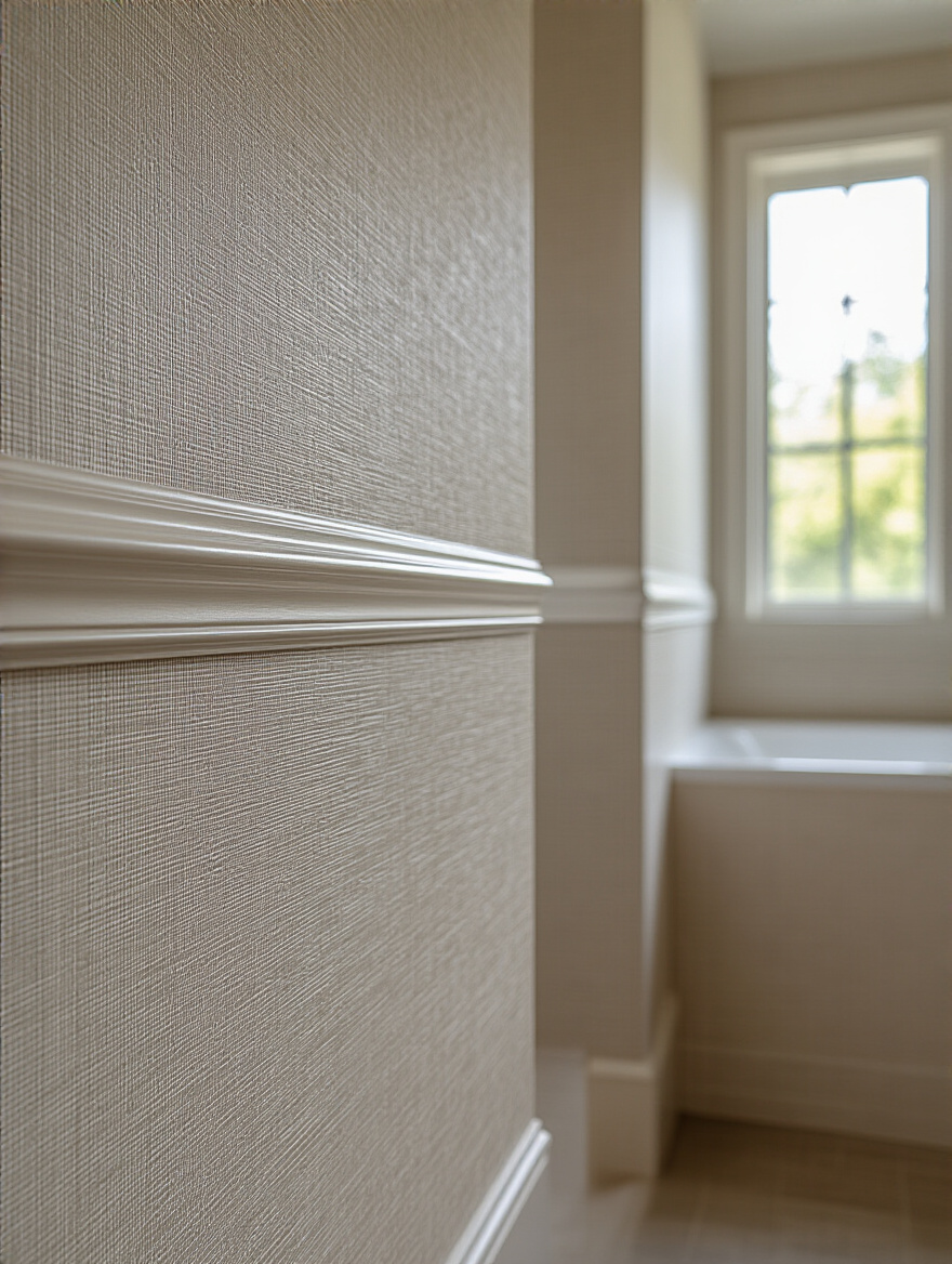 Close-up of meticulously trimmed modern bathroom wallpaper edges near ceiling and baseboard for a clean polished finish