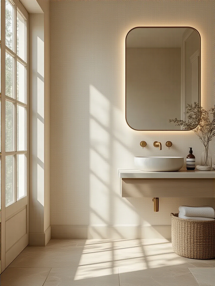 Bathroom half-wall wallpaper illuminated by natural daylight, showing color and texture.