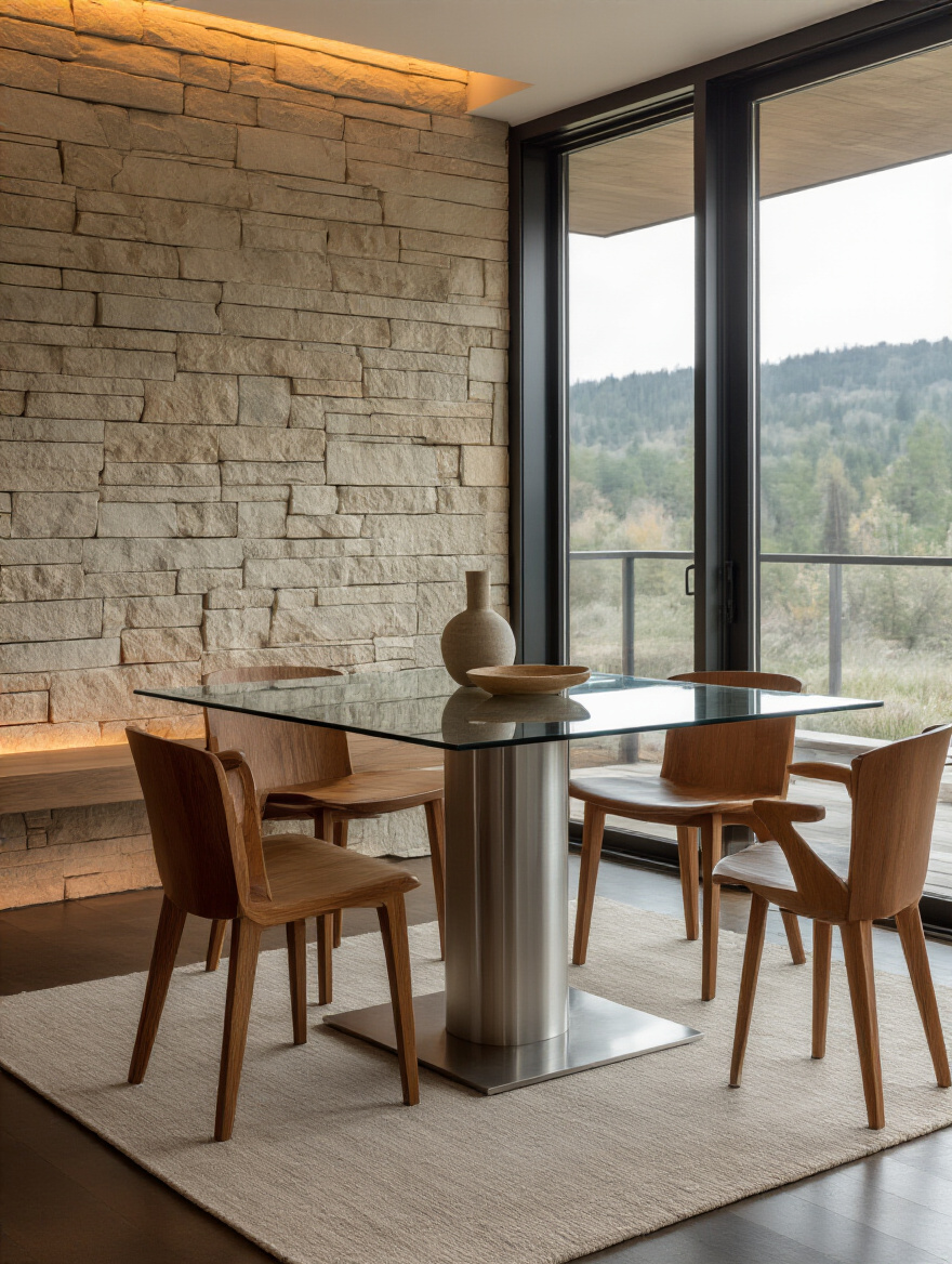 Vertical portrait of a contemporary dining room emphasizing glass, metal, wood, and stone textures