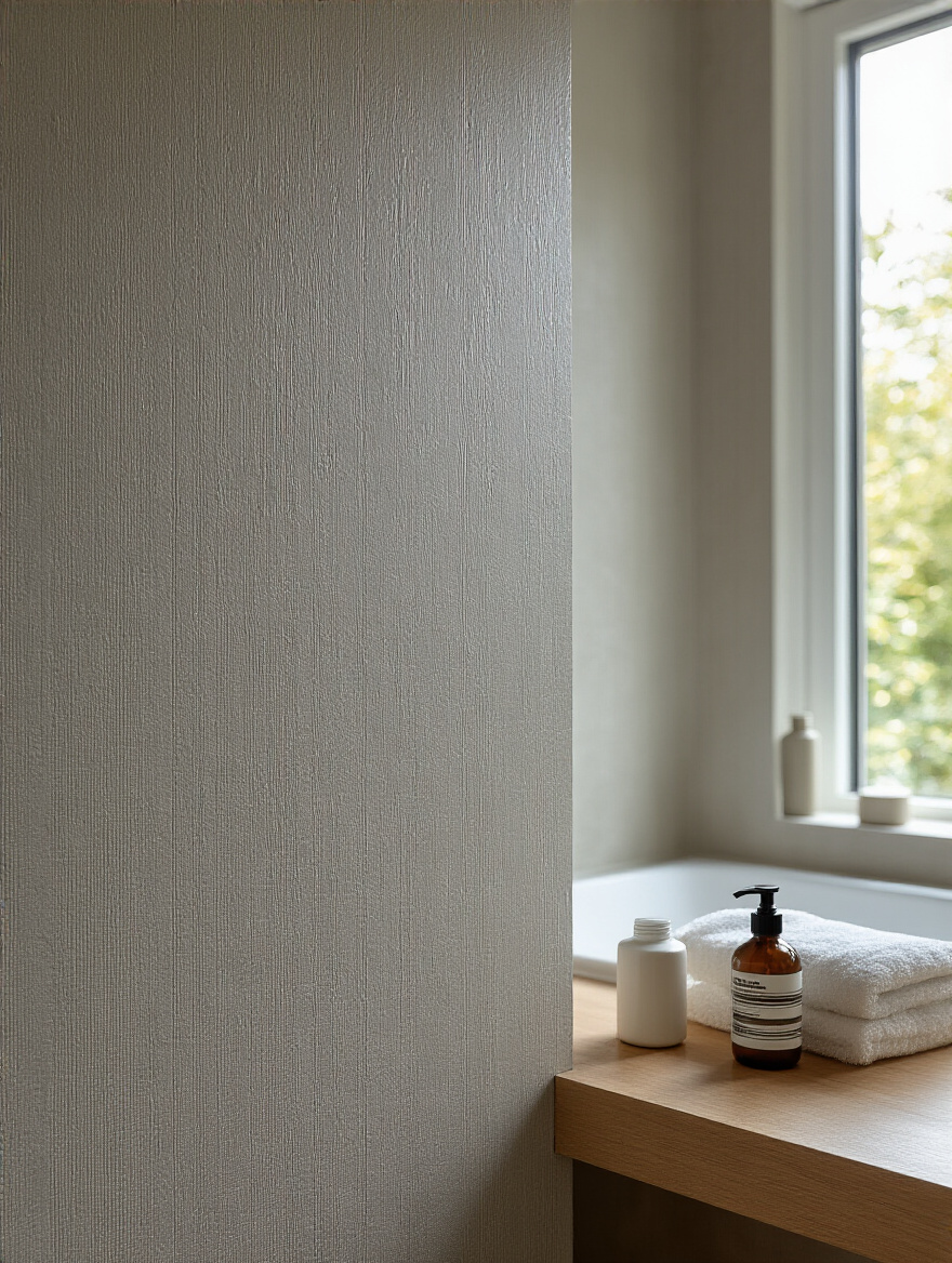 Close-up portrait photo of smooth modern bathroom wallpaper applied with moisture-resistant wallpaper paste, showing no bubbles or peeling