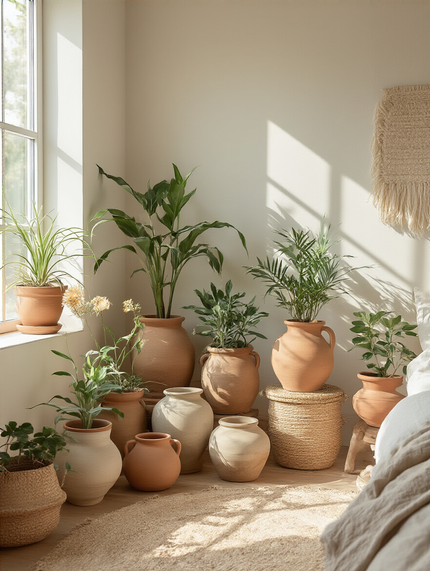 Vertical boho bedroom corner with ceramic planters and clay pots, greenery, and warm earthy textures