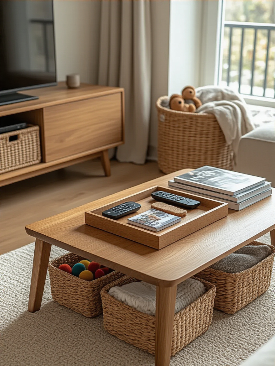 Decorative wooden tray and woven baskets organizing clutter on coffee table and floor in a stylish apartment living room