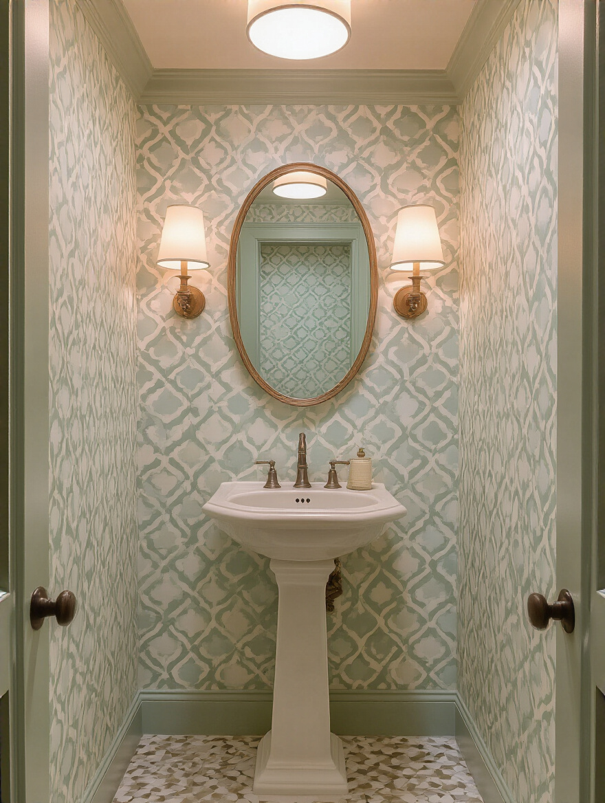Compact powder room with modern small-scale geometric wallpaper and pedestal sink, showcasing expanded visual space