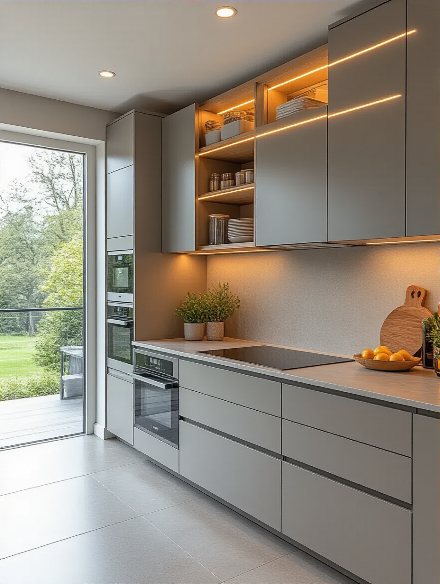 Modern kitchen countertop with smart storage solutions and decluttered surfaces, showcasing integrated appliance garages and pull-out pantry systems