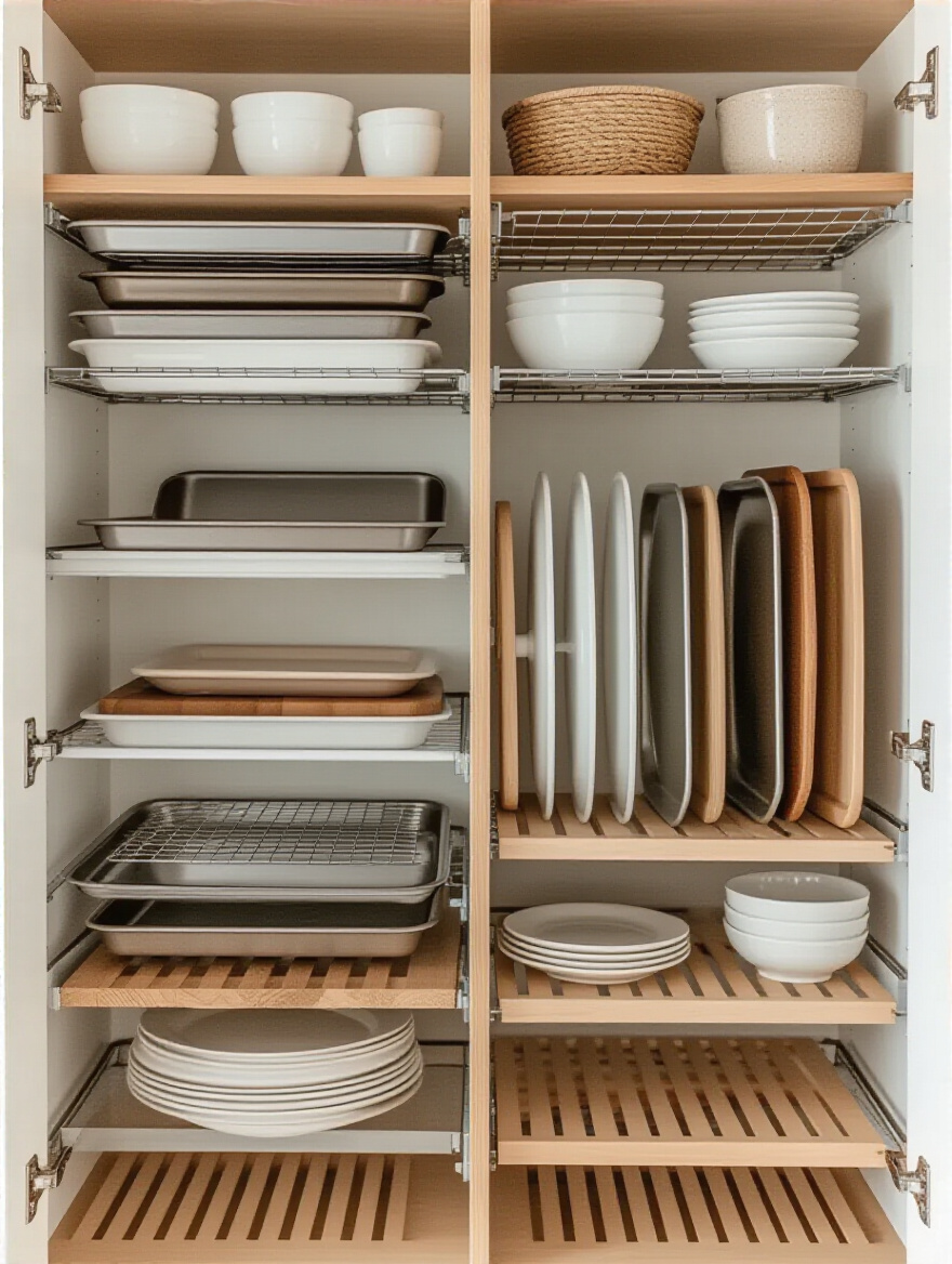 Open kitchen cabinet with vertical dividers neatly storing baking sheets, cutting boards, and platters