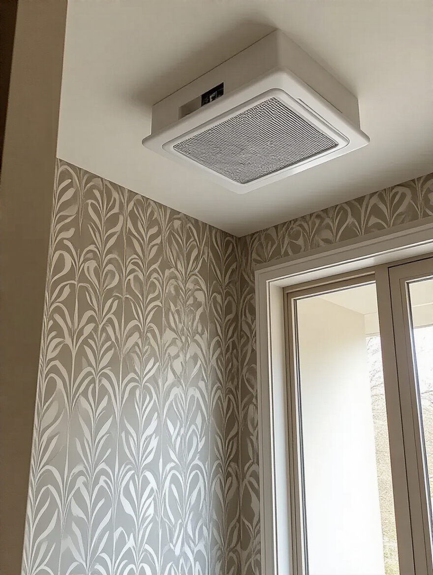 Modern bathroom ceiling exhaust fan above wallpapered walls emphasizing ventilation for wallpaper longevity