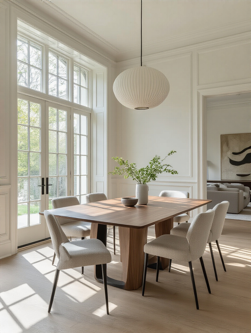 Portrait of a contemporary dining room showing seamless integration with home architecture, warm wood dining table, minimalist chairs, and large windows.