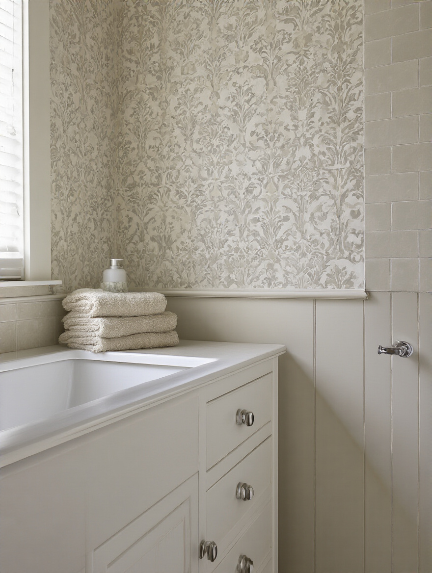 Portrait view of a bathroom wall showing a level starting line for wallpaper half-wall installation, soft natural light, no people.
