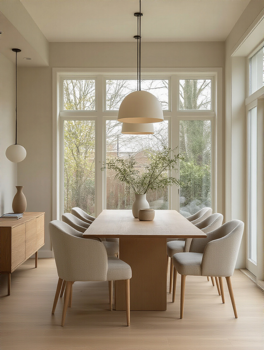 Portrait view of a contemporary dining room laid out for optimal traffic flow and seating, no people.
