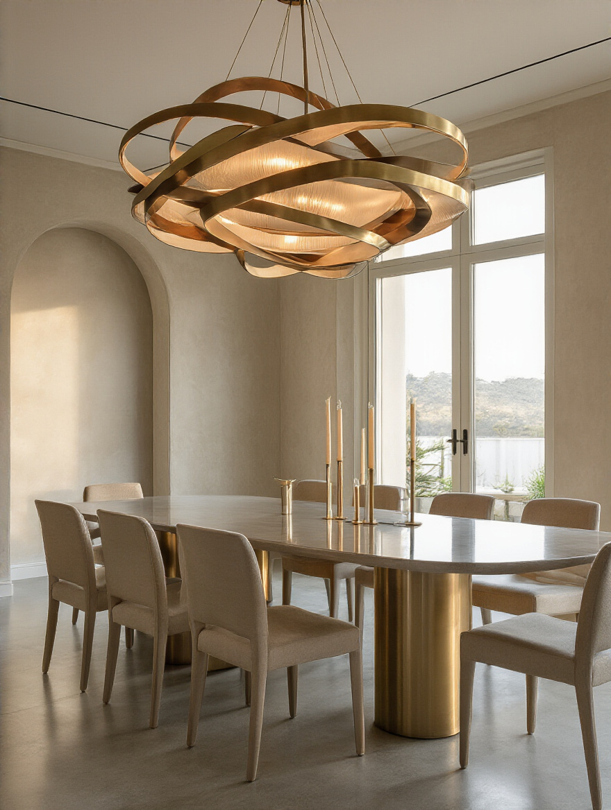 Portrait view of a modern dining room with a sculptural chandelier over a long table, warm ambience, no people.