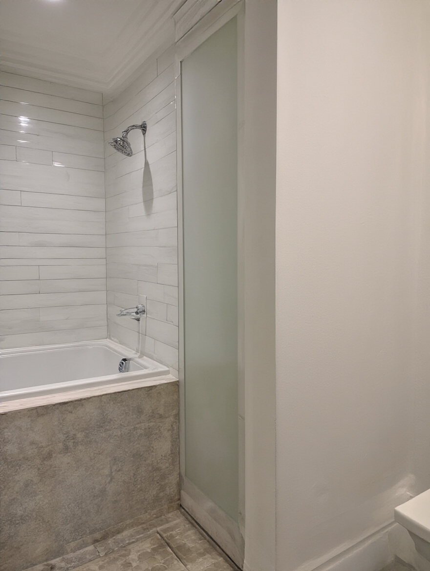 Portrait of a meticulously prepped bathroom half-wall ready for wallpaper adhesion.