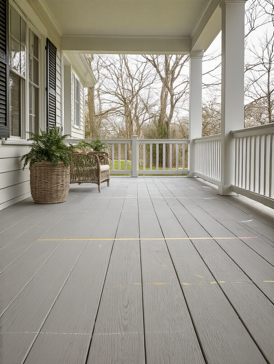 A clean and inviting porch space with subtle markings on the floor indicating future furniture layout, viewed from an elevated perspective, showcasing ample room for arrangement planning.
