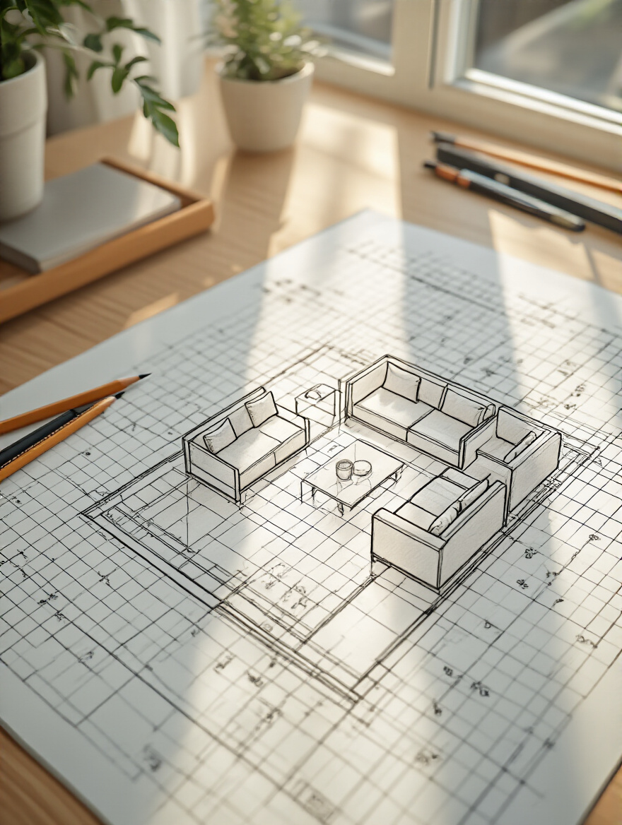 Overhead view of a finely detailed, hand-drawn living room floor plan on graph paper, depicting furniture layouts and functional zones with elegant lines. Essential for accurate room design.