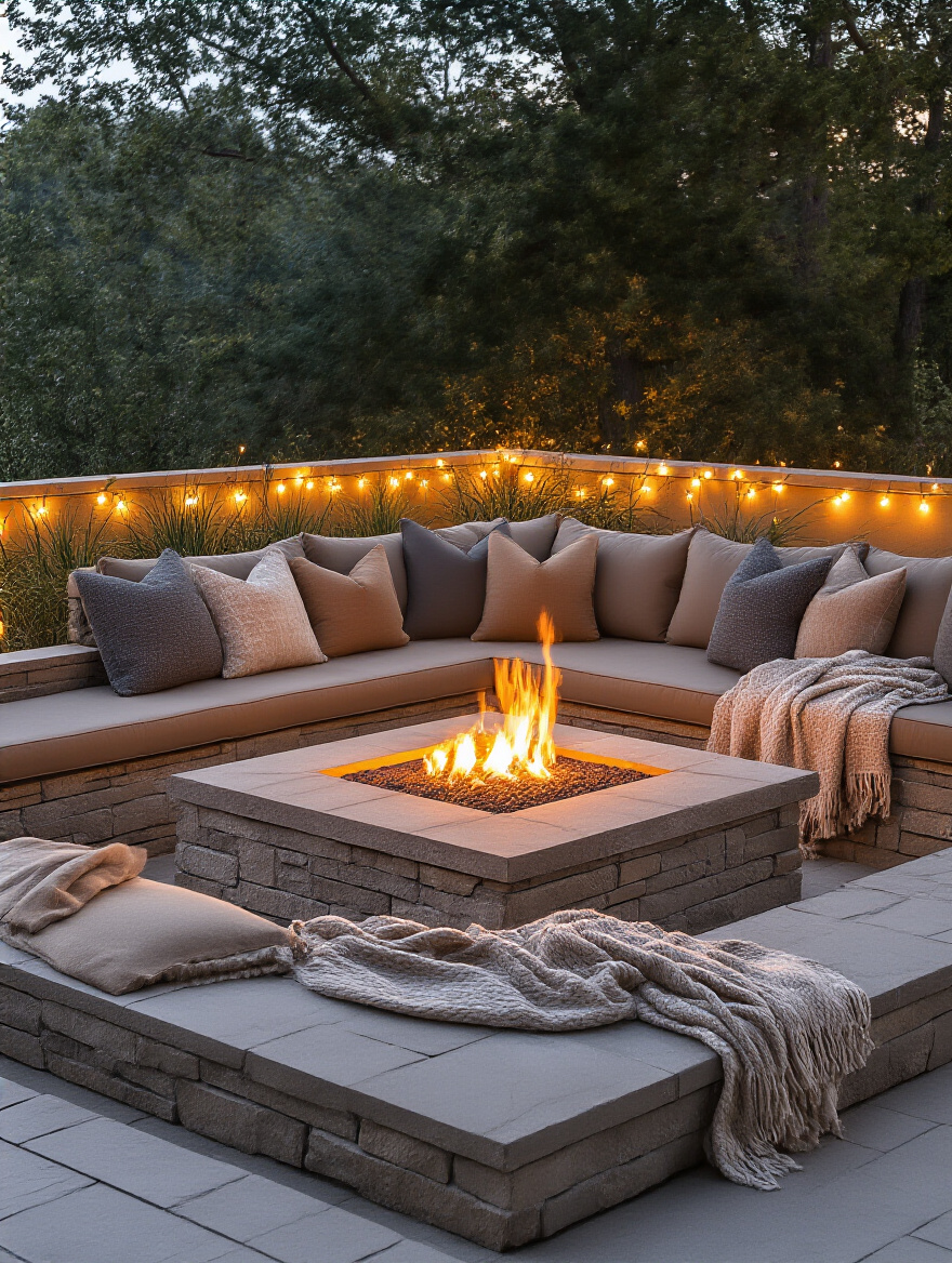Outdoor firepit with weather-resistant cushions and blankets, showing a cozy, inviting atmosphere for relaxation and warmth. Comfortable outdoor textiles enhancing a backyard living space.
