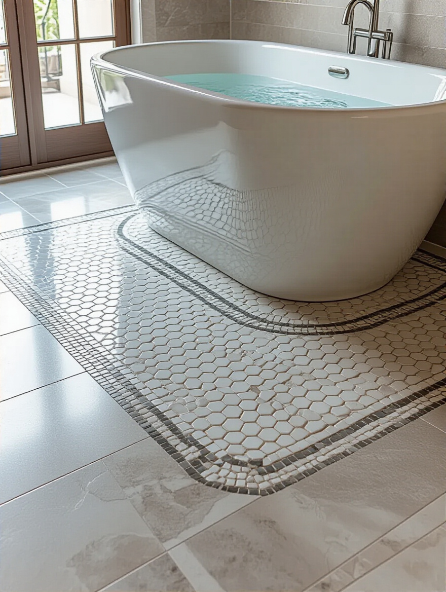 Luxurious bathroom floor with custom hexagonal marble mosaic inlay border surrounding a freestanding white bathtub, set against large light grey porcelain tiles.