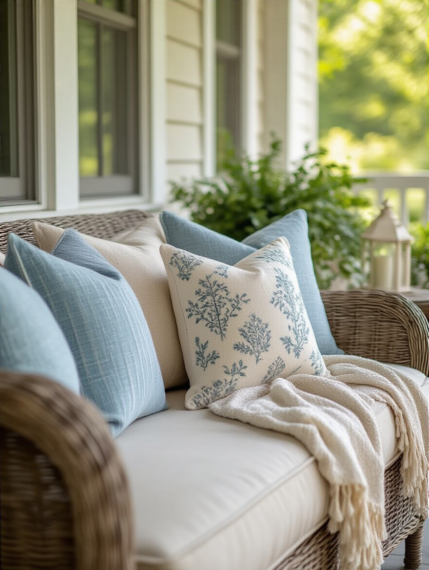 Stylishly arranged outdoor decorative pillows in varying textures and a soft throw on a cushioned porch armchair, creating an inviting and comfortable atmosphere on a well-decorated porch.