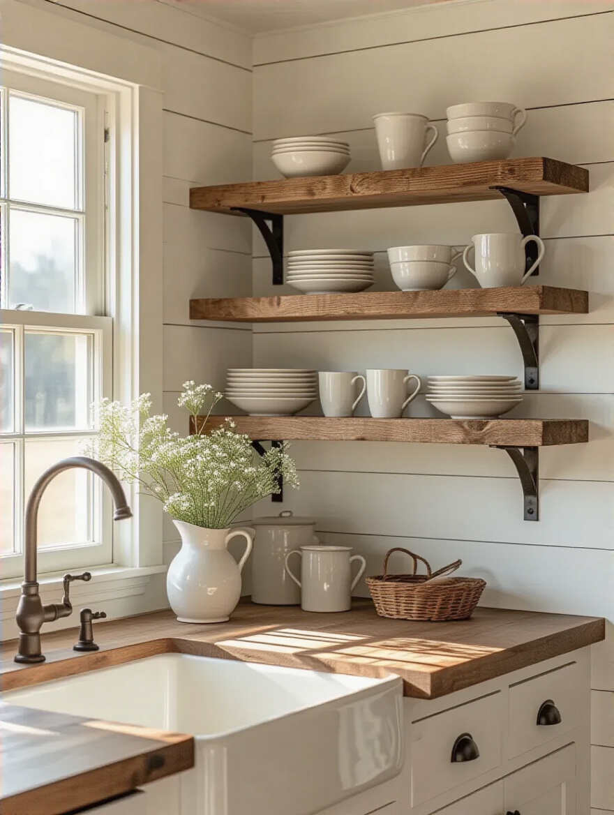 Vertical farmhouse kitchen with open wooden shelves displaying dishes, ceramics, and herbs
