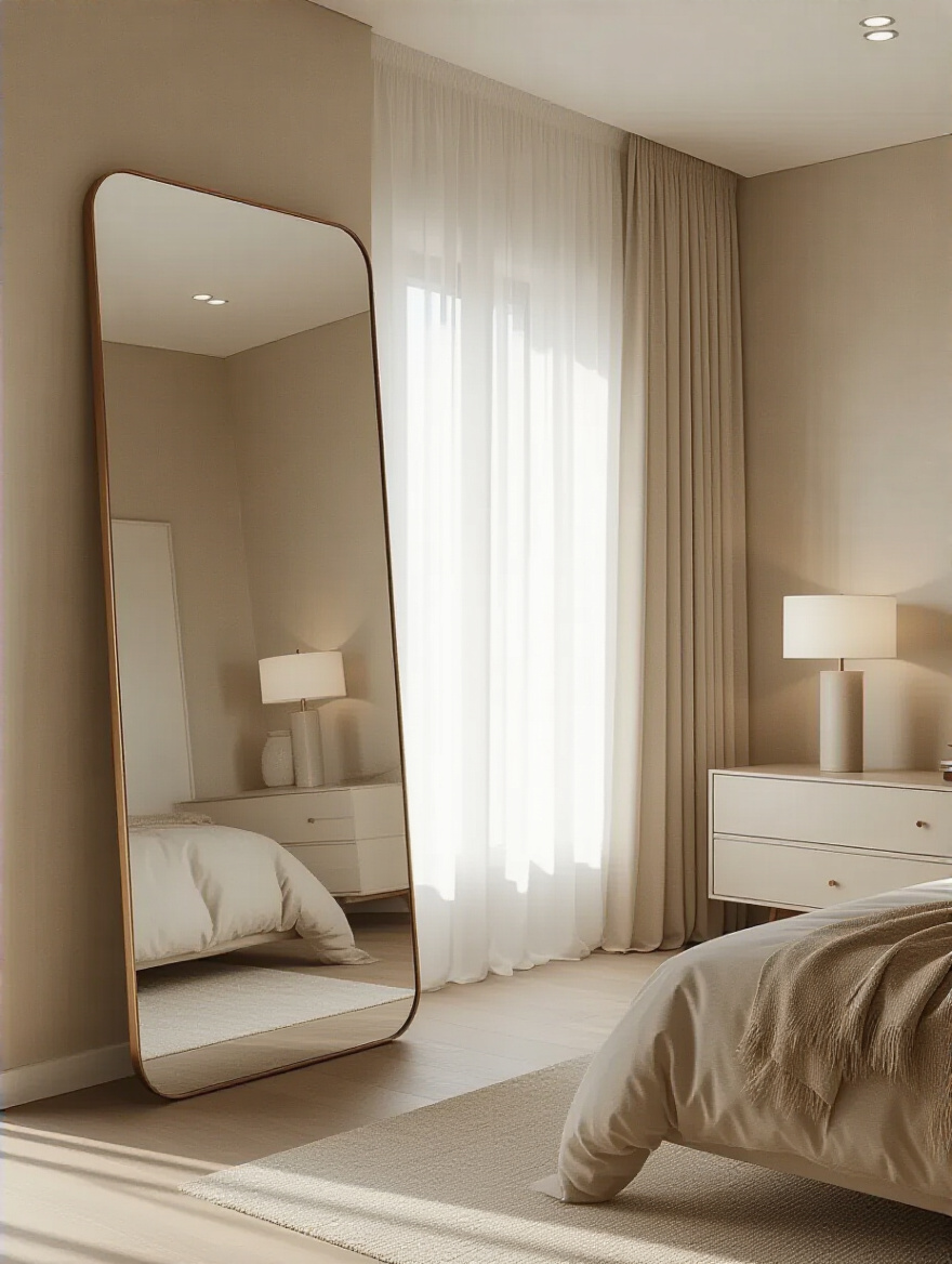 Vertical bedroom with a large mirror reflecting natural light, creating a sense of space
