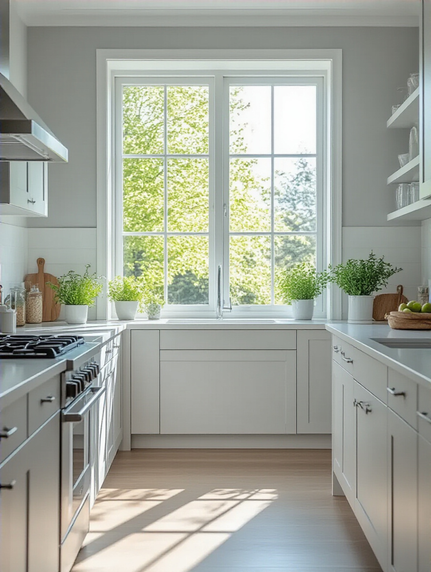A bright, modern kitchen corner showcasing freshly painted light grey walls and crisp white trim around a window, illuminated by natural light, embodying a revitalized aesthetic.